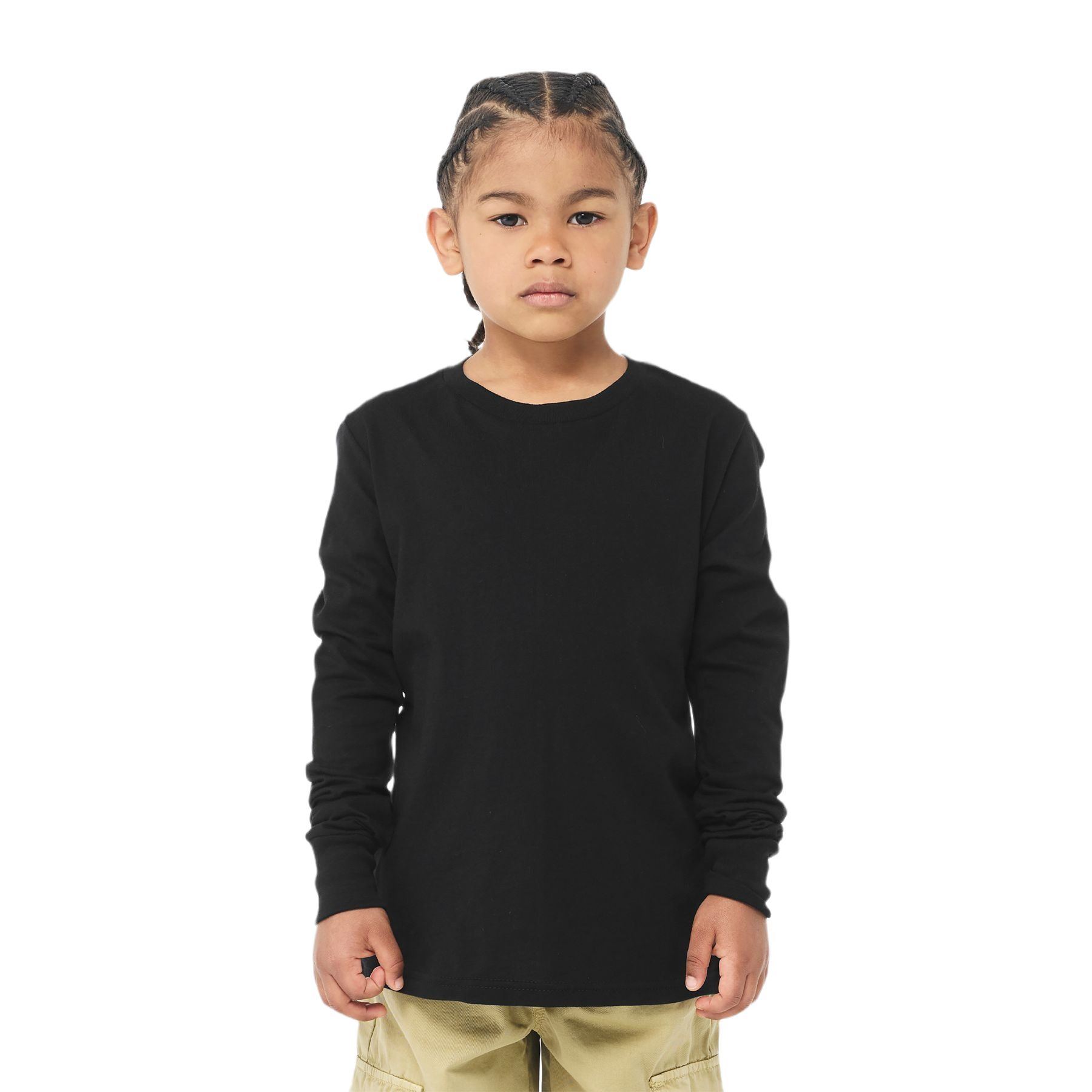 Black youth long sleeve jersey tee with a crewneck, ribbed cuffs, and retail fit displayed on a white background.