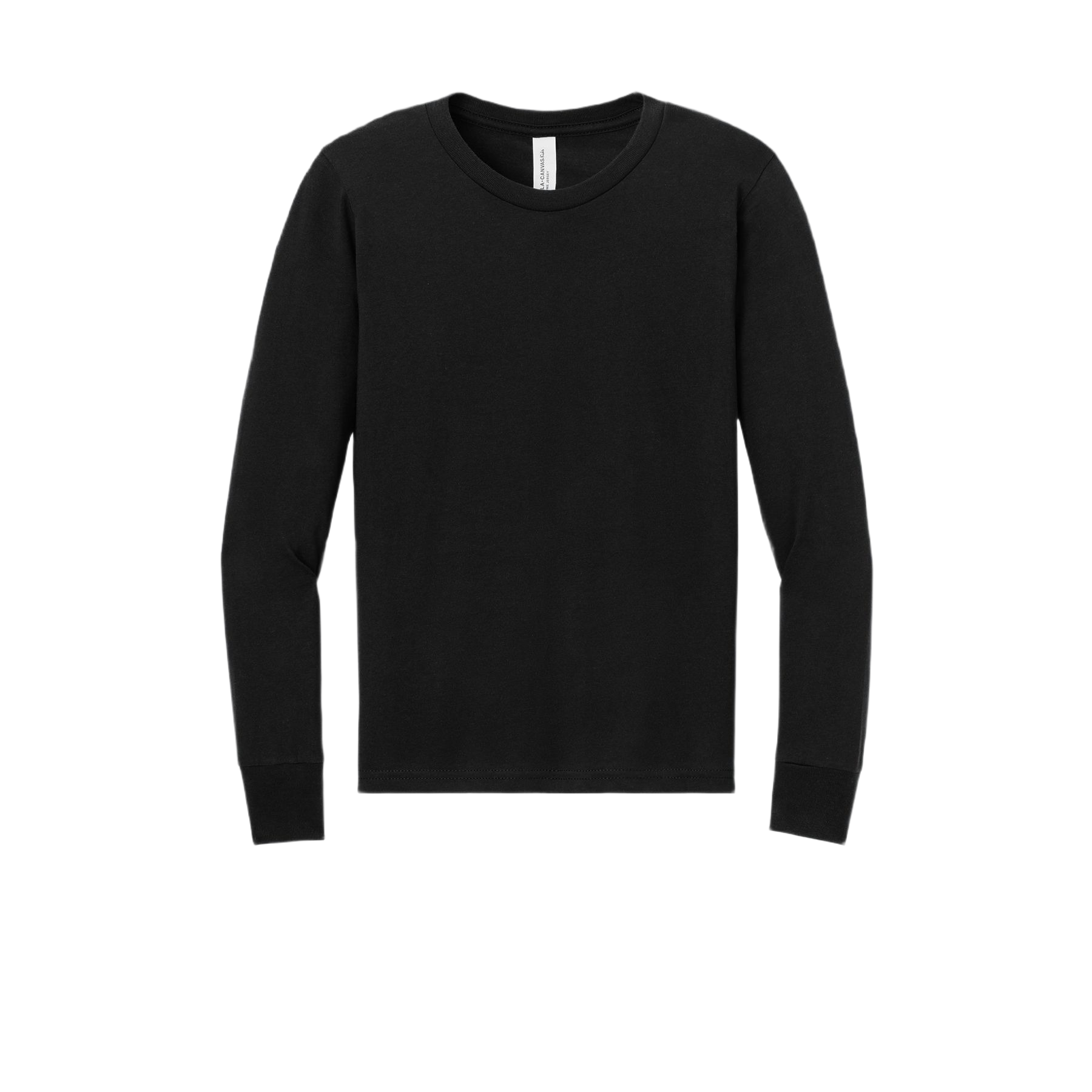 Black youth long sleeve jersey tee with a crewneck, ribbed cuffs, and retail fit displayed on a white background.