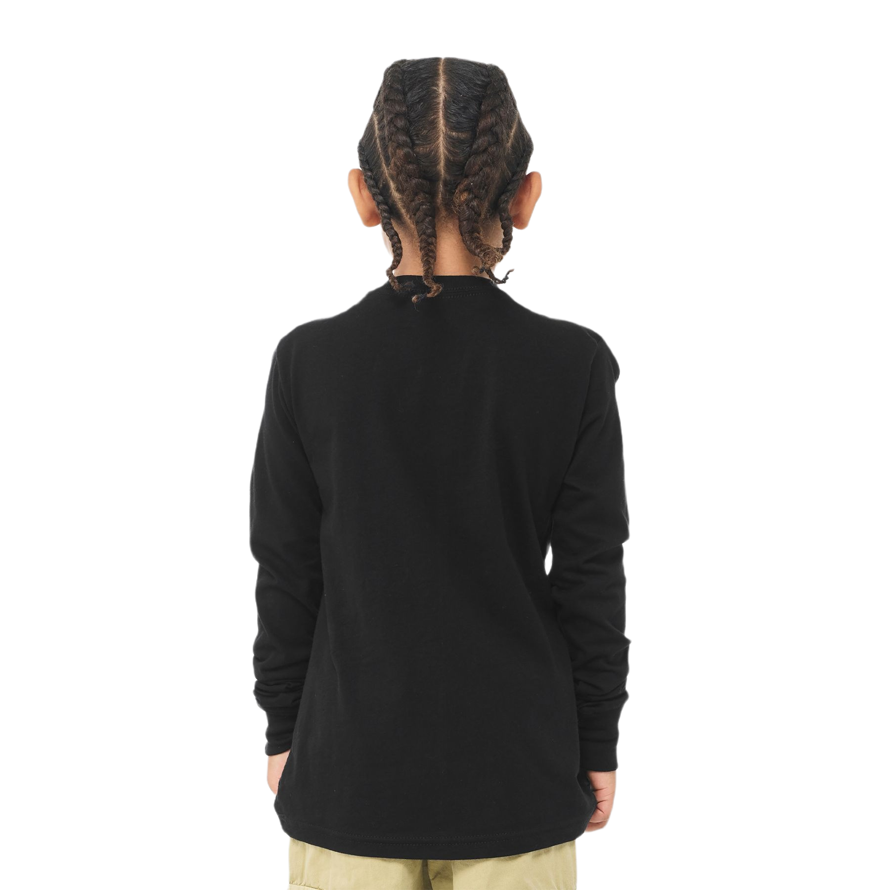 Black youth long sleeve jersey tee with a crewneck, ribbed cuffs, and retail fit displayed on a white background.
