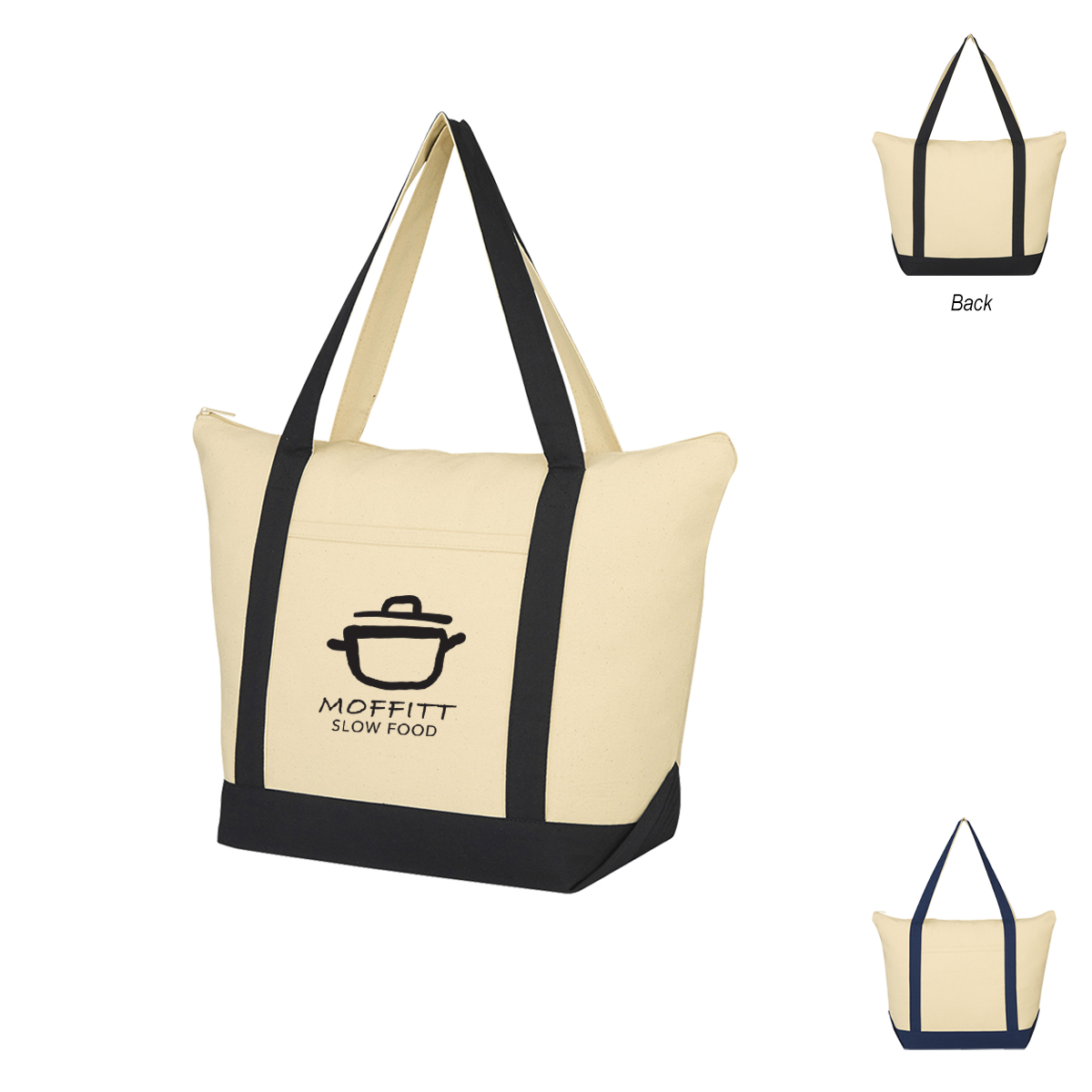 Cotton canvas tote bag featuring a zippered main compartment, front pocket, wide gusset, and long carry handles for everyday use.