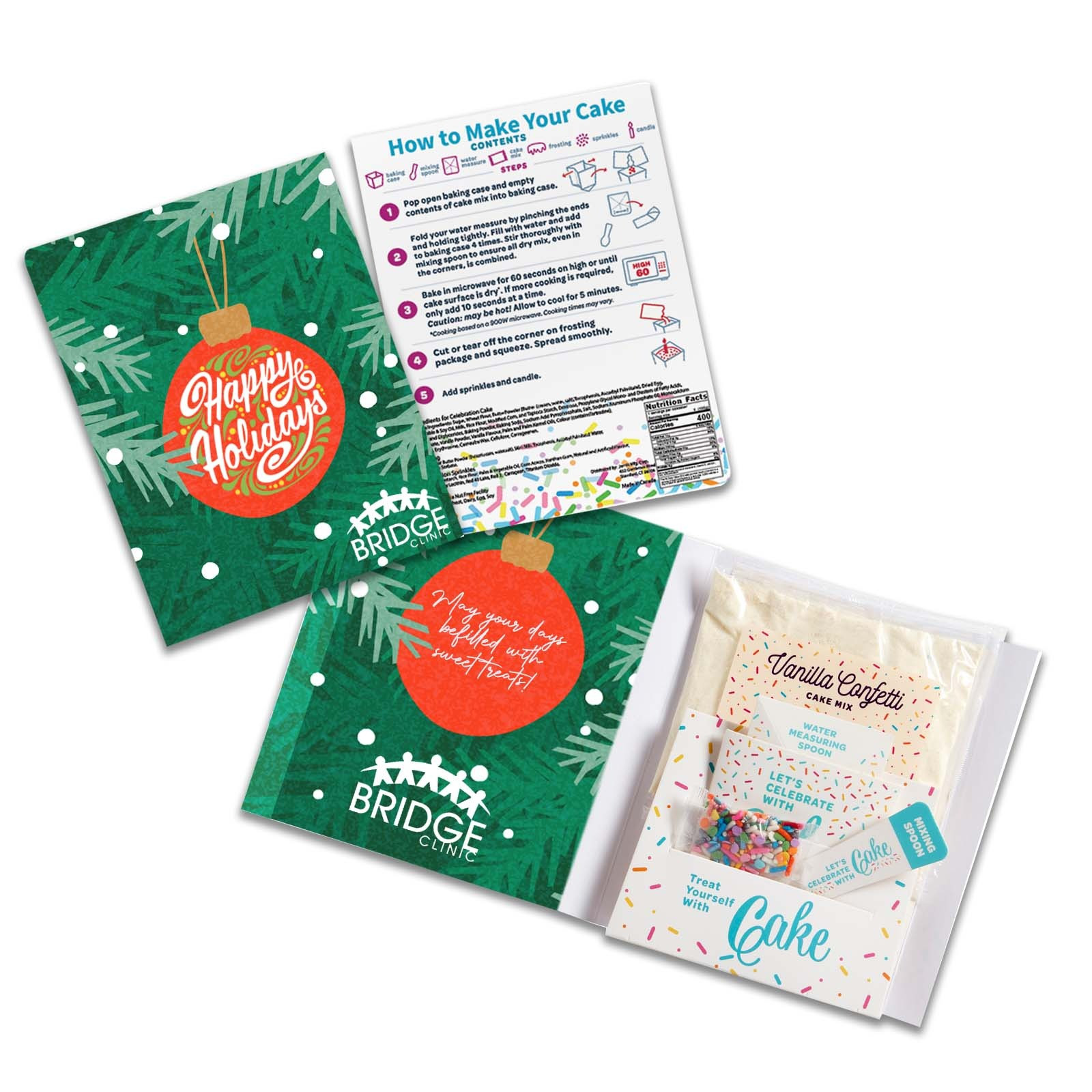 Instacake Holiday Cake in a Card, featuring a festive holiday greeting card with a complete single-serving cake kit, colorful seasonal graphics, and compact gift-ready packaging for holiday celebrations, gifts, and special occasions.