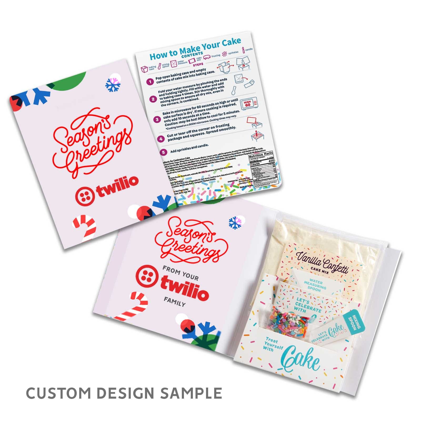 Instacake Holiday Cake in a Card, featuring a festive holiday greeting card with a complete single-serving cake kit, colorful seasonal graphics, and compact gift-ready packaging for holiday celebrations, gifts, and special occasions.