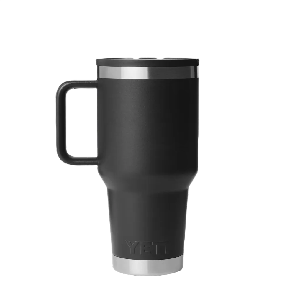 Black YETI® insulated travel mug with a color-matched leakproof straw lid, welded handle, double-wall stainless steel construction, and a tapered cupholder-compatible base.