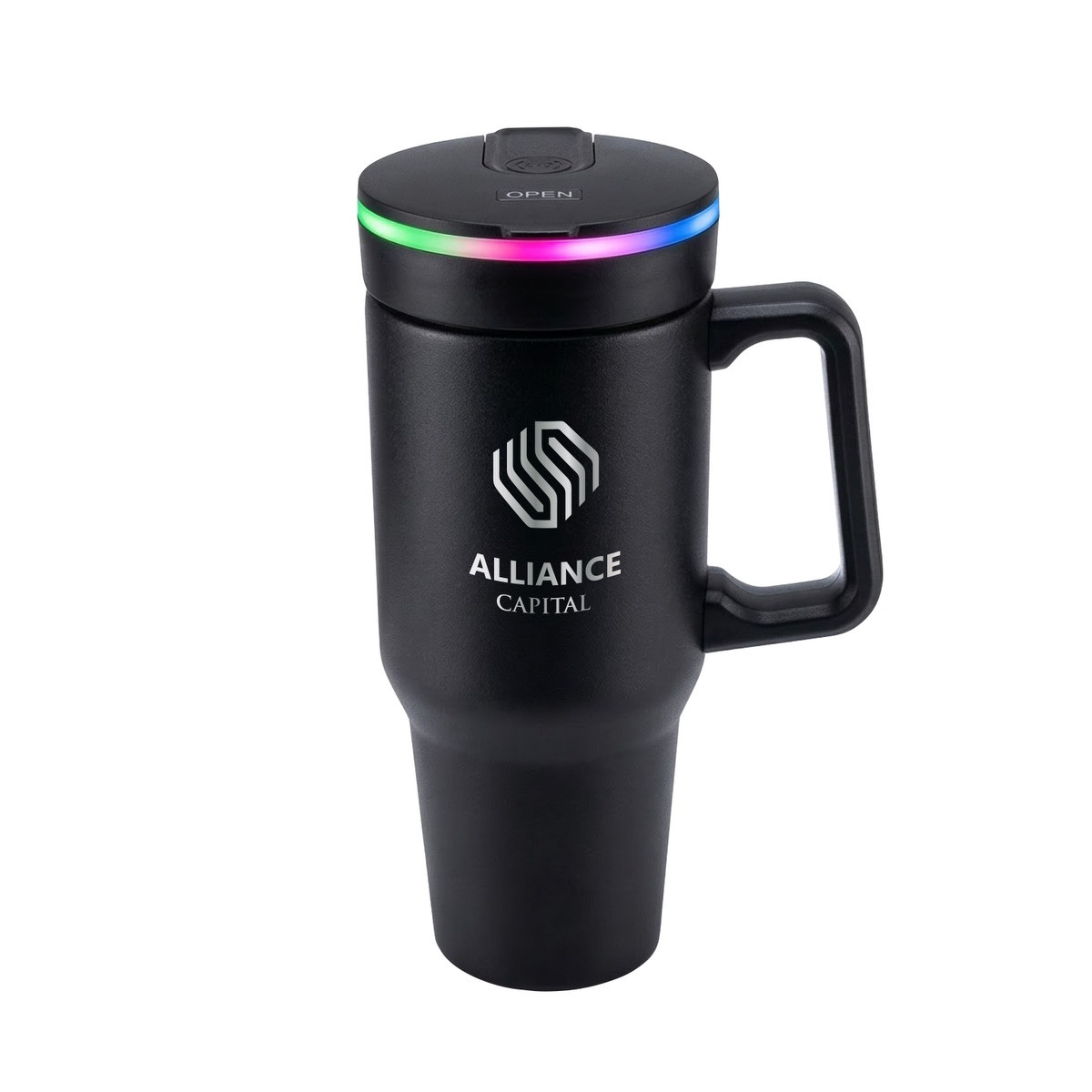 Black BLENDi™ Stainless Steel Blender Tumbler 21 oz. with a double-wall stainless steel insulated body, blending lid, carry handle, and drink-through lid, designed for making and carrying smoothies, shakes, and blended beverages on the go.