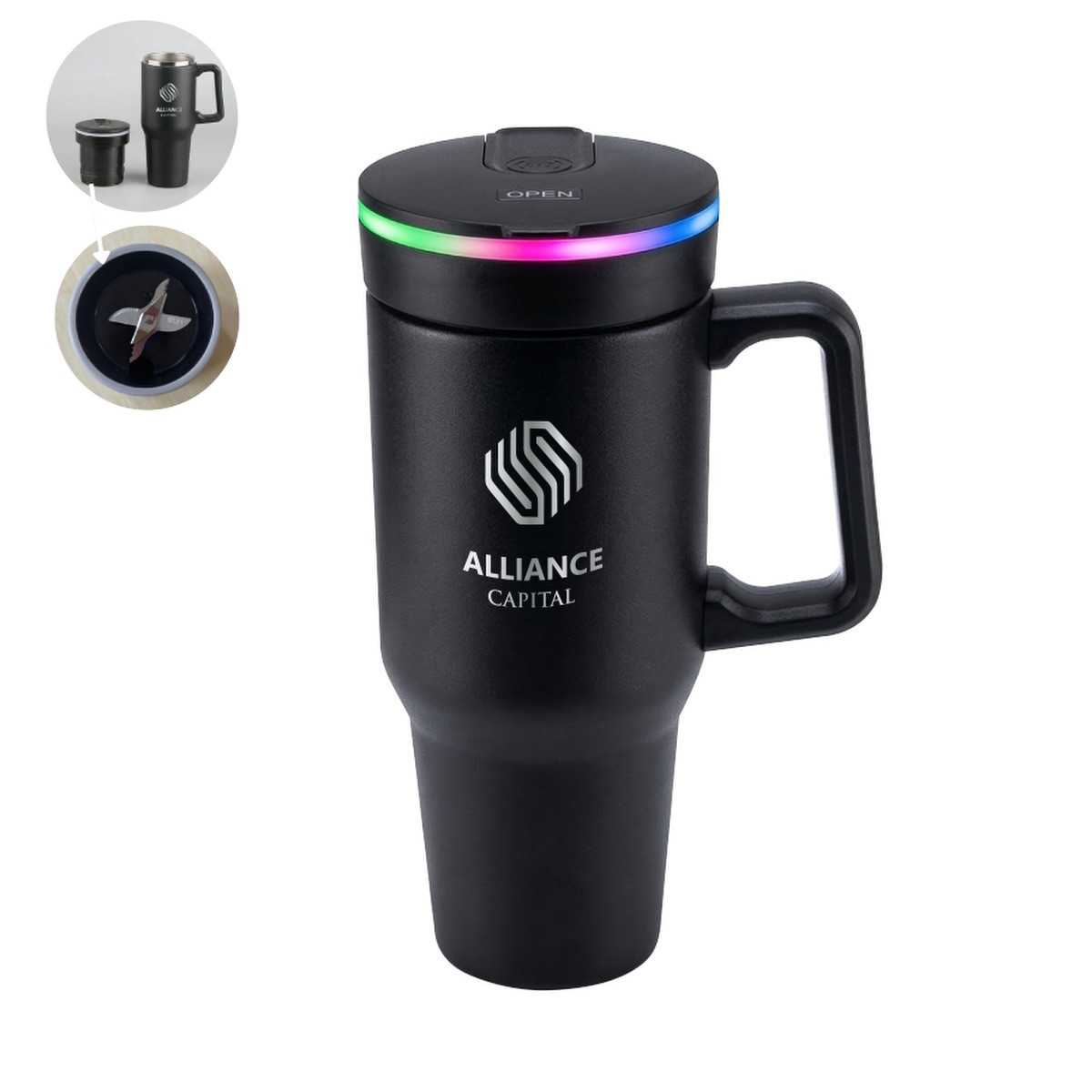 Black BLENDi™ Stainless Steel Blender Tumbler 21 oz. with a double-wall stainless steel insulated body, blending lid, carry handle, and drink-through lid, designed for making and carrying smoothies, shakes, and blended beverages on the go.