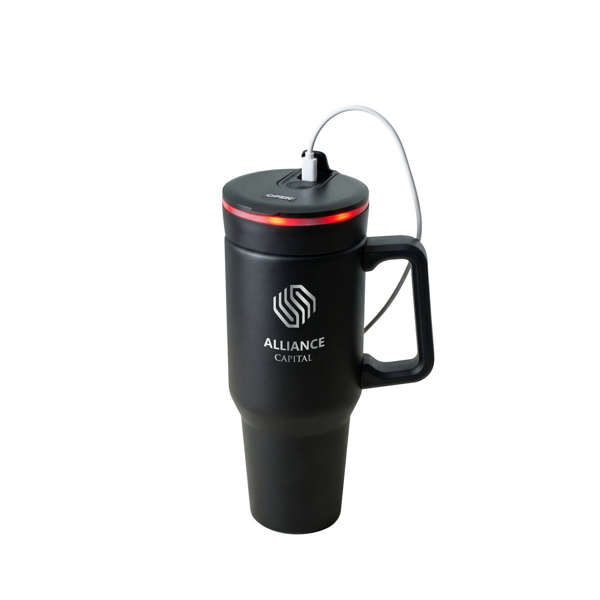 Black BLENDi™ Stainless Steel Blender Tumbler 21 oz. with a double-wall stainless steel insulated body, blending lid, carry handle, and drink-through lid, designed for making and carrying smoothies, shakes, and blended beverages on the go.