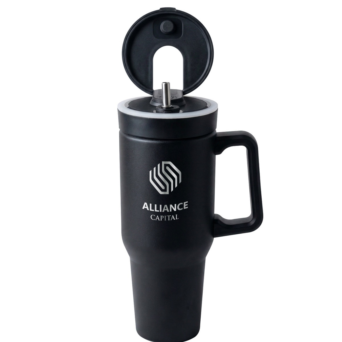 Black BLENDi™ Stainless Steel Blender Tumbler 21 oz. with a double-wall stainless steel insulated body, blending lid, carry handle, and drink-through lid, designed for making and carrying smoothies, shakes, and blended beverages on the go.