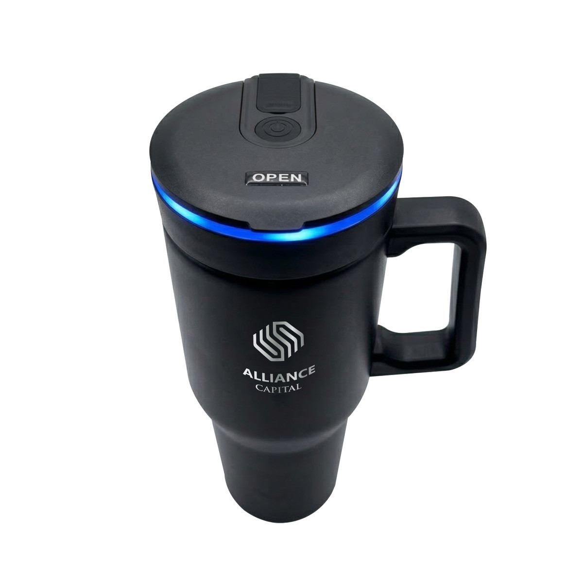 Black BLENDi™ Stainless Steel Blender Tumbler 21 oz. with a double-wall stainless steel insulated body, blending lid, carry handle, and drink-through lid, designed for making and carrying smoothies, shakes, and blended beverages on the go.