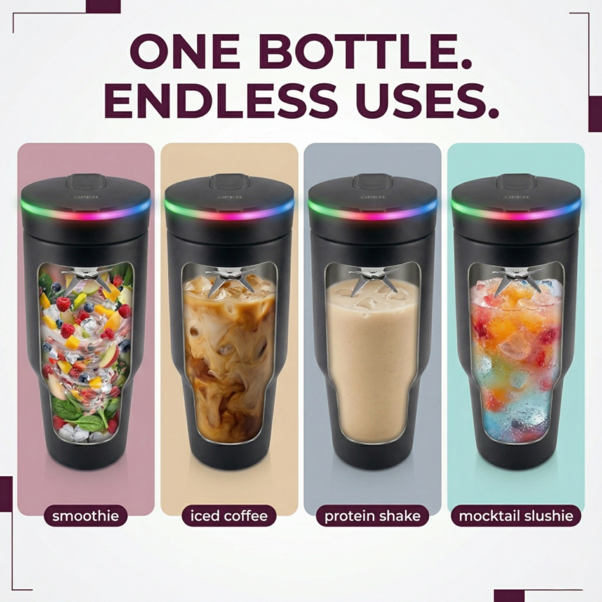 BLENDi™ Stainless Steel Blender Tumbler 21 oz. with a double-wall stainless steel insulated body, blending lid, carry handle, and drink-through lid, designed for making and carrying smoothies, shakes, and blended beverages on the go.
