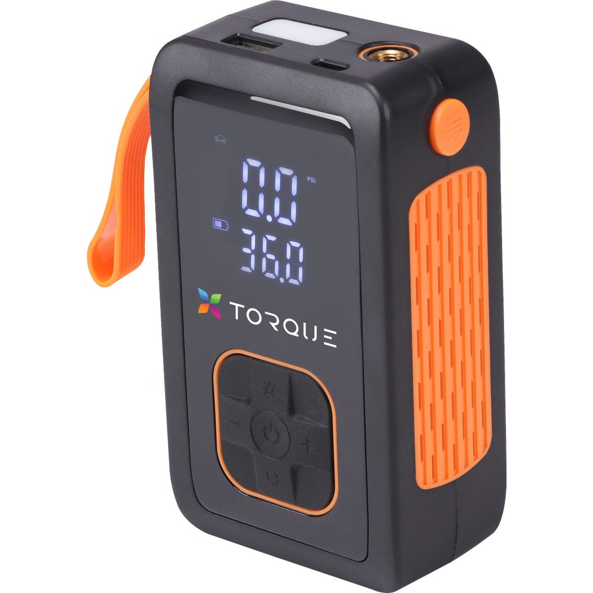Black rechargeable tire inflator with built-in flashlight, digital controls, USB-C charging, and emergency power bank functionality.