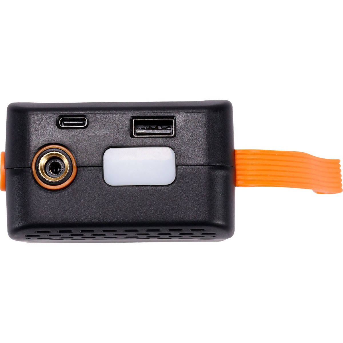Black rechargeable tire inflator with built-in flashlight, digital controls, USB-C charging, and emergency power bank functionality.