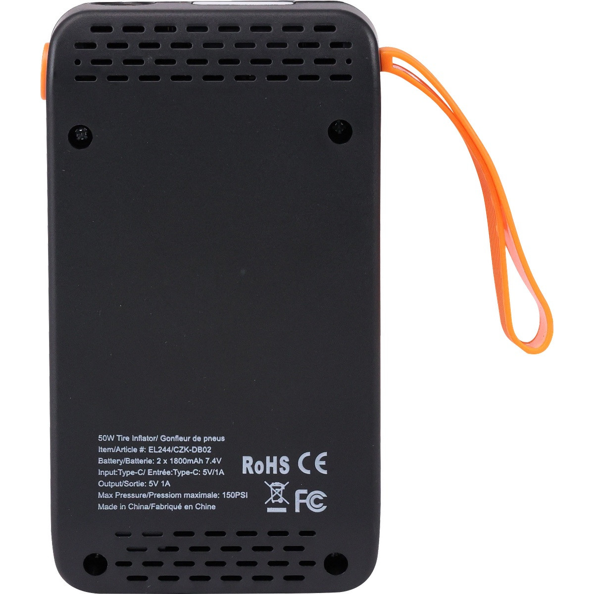 Black rechargeable tire inflator with built-in flashlight, digital controls, USB-C charging, and emergency power bank functionality.