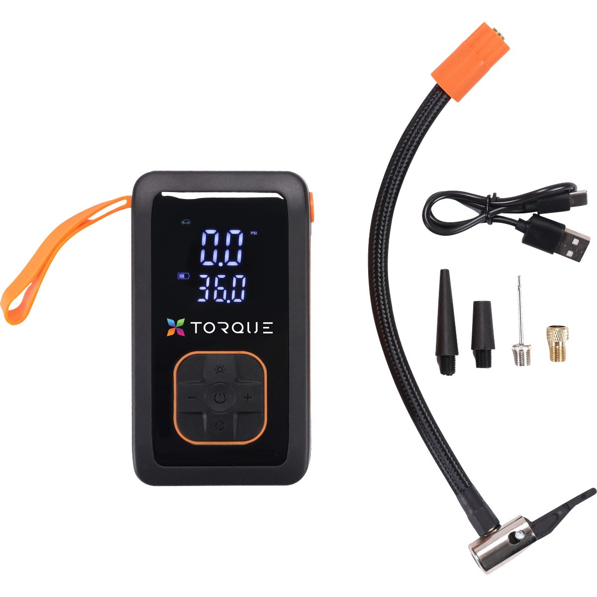 Black rechargeable tire inflator with built-in flashlight, digital controls, USB-C charging, and emergency power bank functionality.