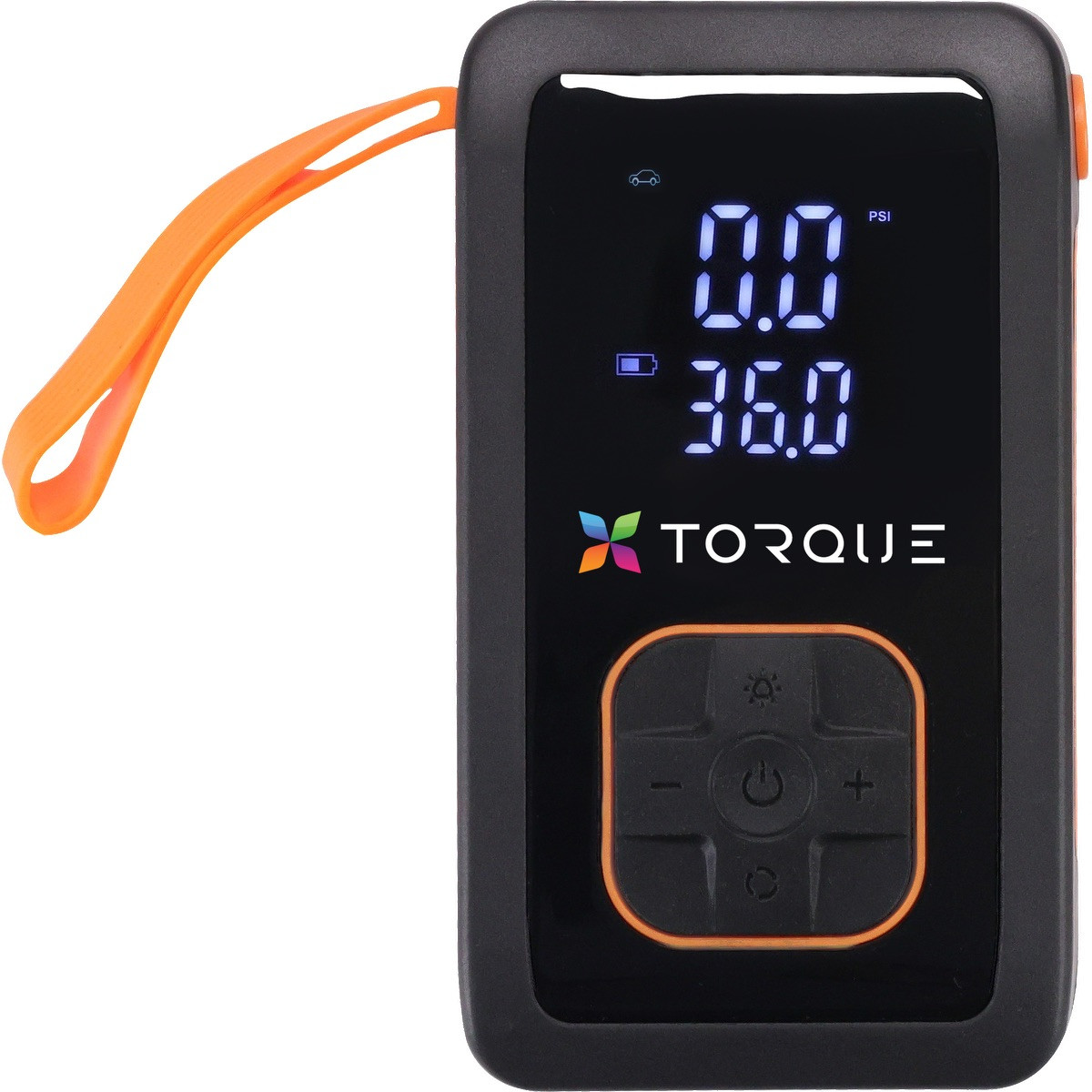 Black rechargeable tire inflator with built-in flashlight, digital controls, USB-C charging, and emergency power bank functionality.