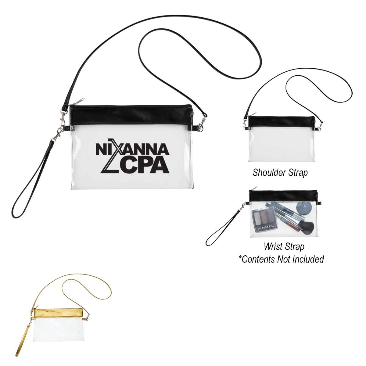 Game Day Clear Wristlet Pouch in clear PVC with trim, featuring a top zippered closure, detachable wrist strap, and shoulder strap for carrying personal essentials at stadiums, concerts, and events.