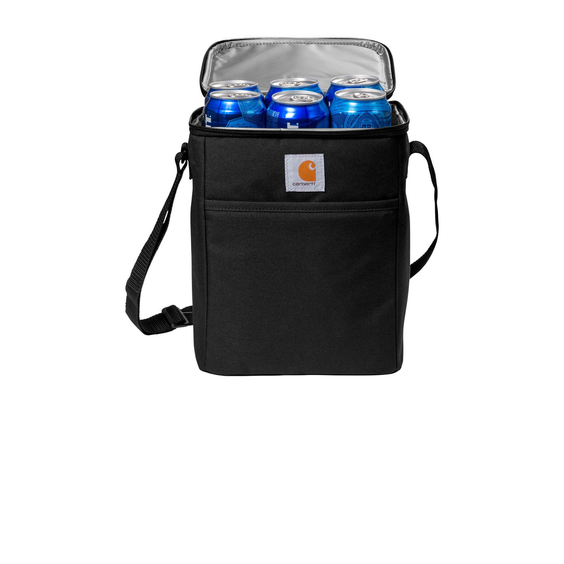 Black vertical insulated cooler made from rugged polyester with a front zippered pocket, adjustable shoulder strap, and leak-resistant insulated compartment.