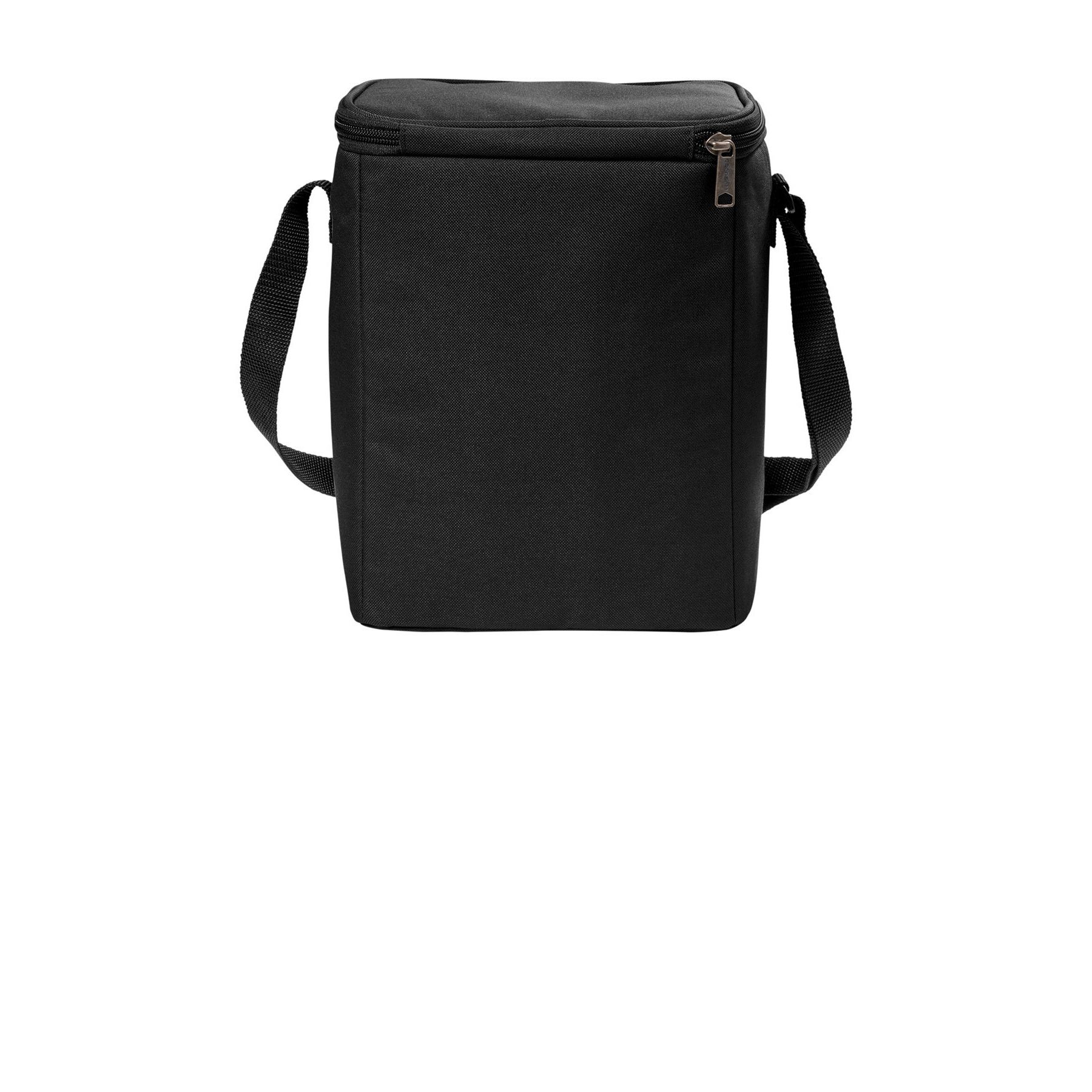 Black vertical insulated cooler made from rugged polyester with a front zippered pocket, adjustable shoulder strap, and leak-resistant insulated compartment.