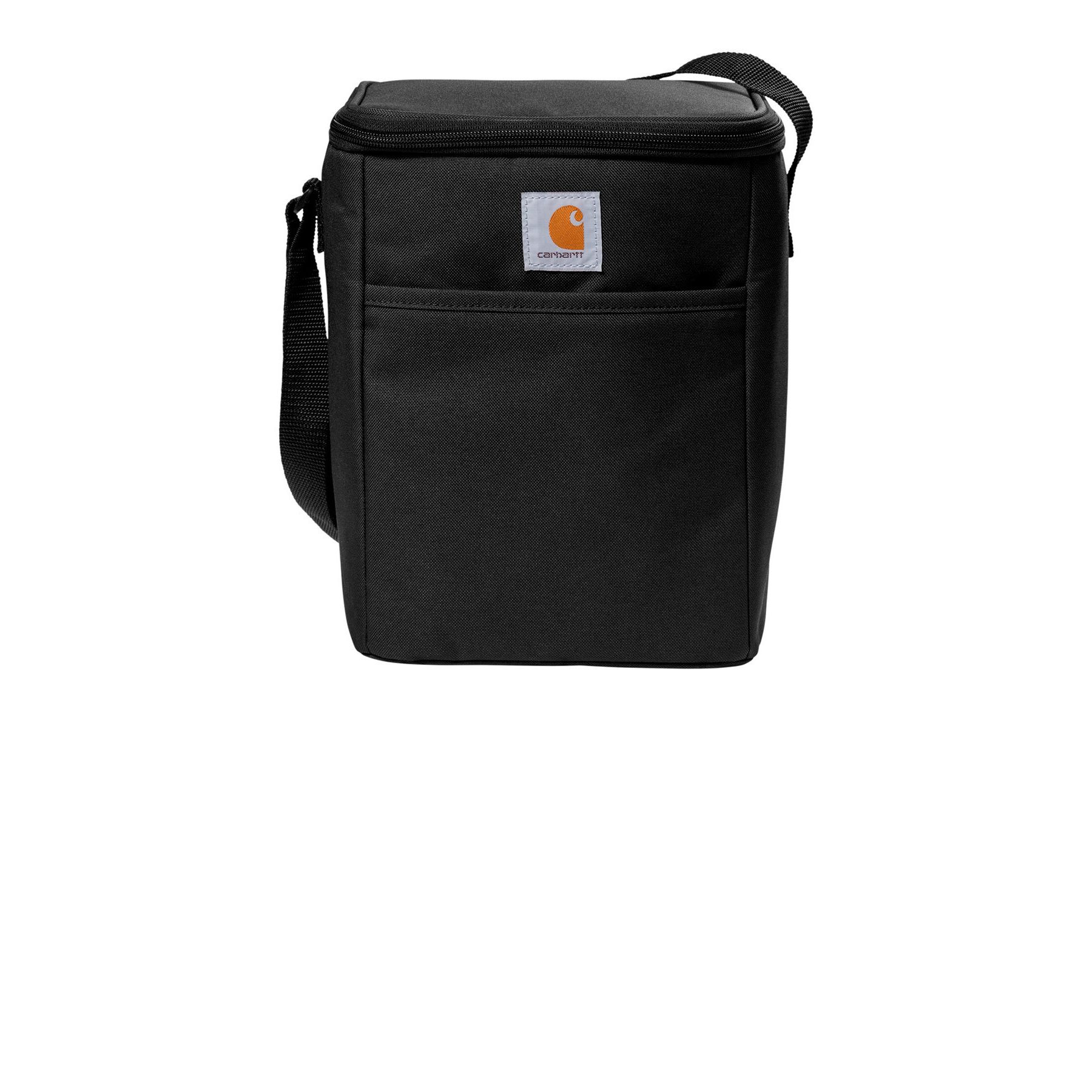 Black vertical insulated cooler made from rugged polyester with a front zippered pocket, adjustable shoulder strap, and leak-resistant insulated compartment.