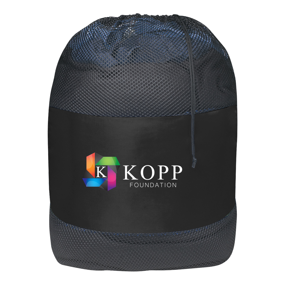 Black/Black Mesh Laundry Bag 25" x 36", featuring a breathable nylon mesh body with a durable drawstring closure for carrying and storing laundry or clothing.