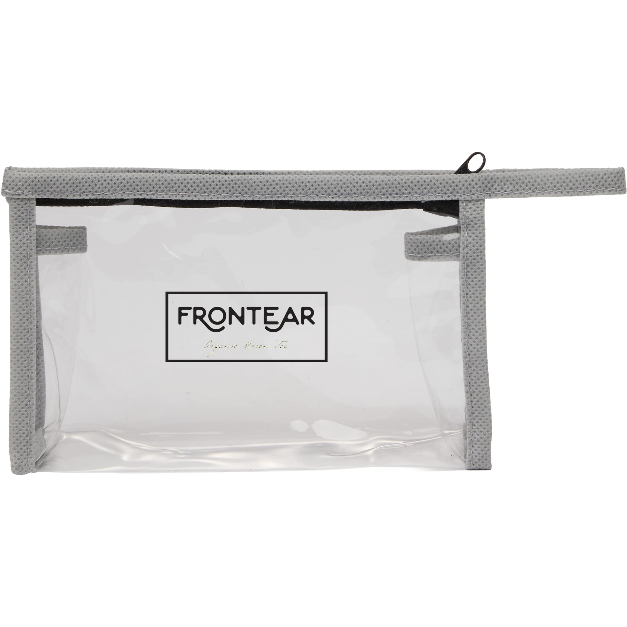 Claro Travel Bag clear PVC zippered travel pouch with Gray trim, transparent rectangular design for organizing toiletries and small travel essentials.