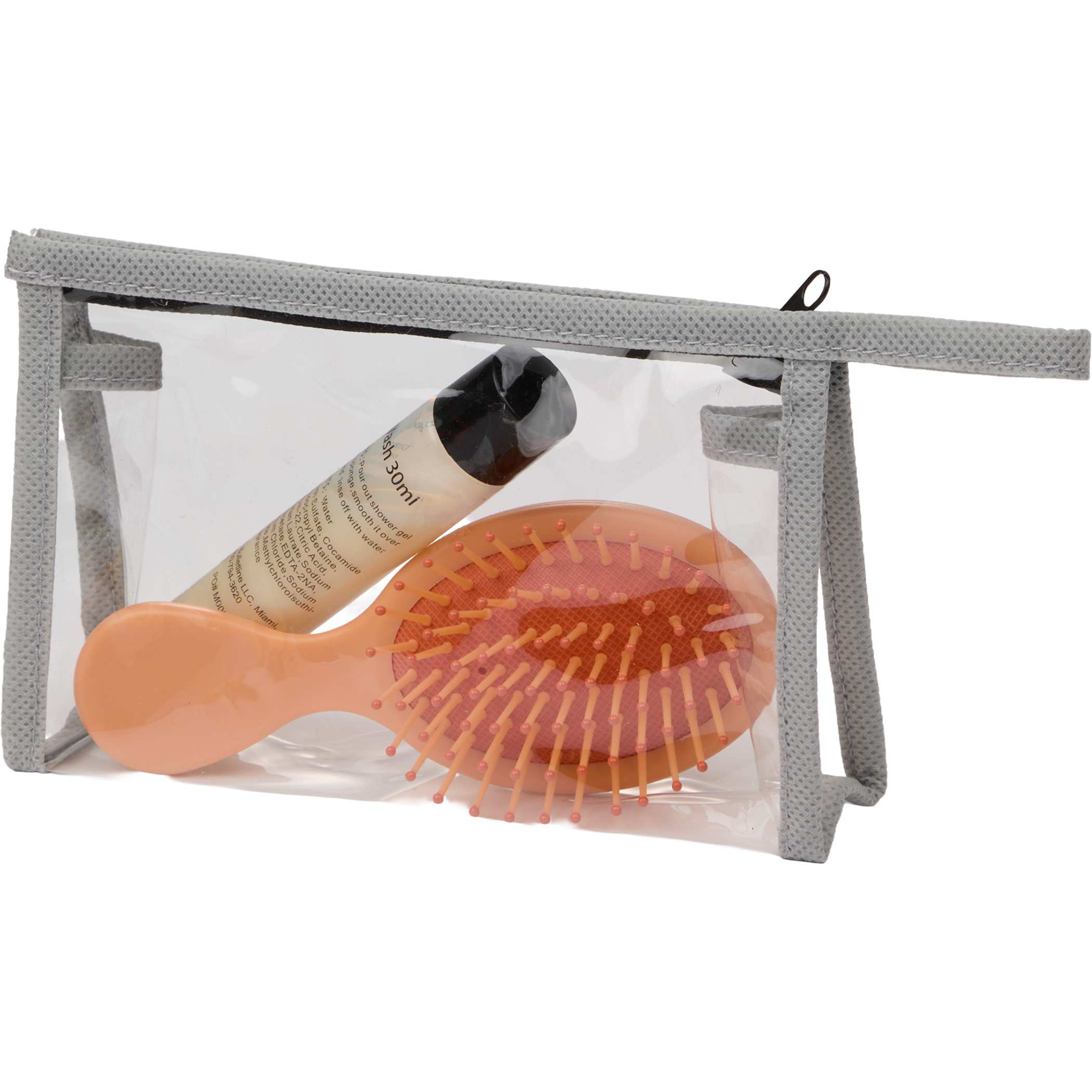 Claro Travel Bag clear PVC zippered travel pouch with Gray trim, transparent rectangular design for organizing toiletries and small travel essentials.