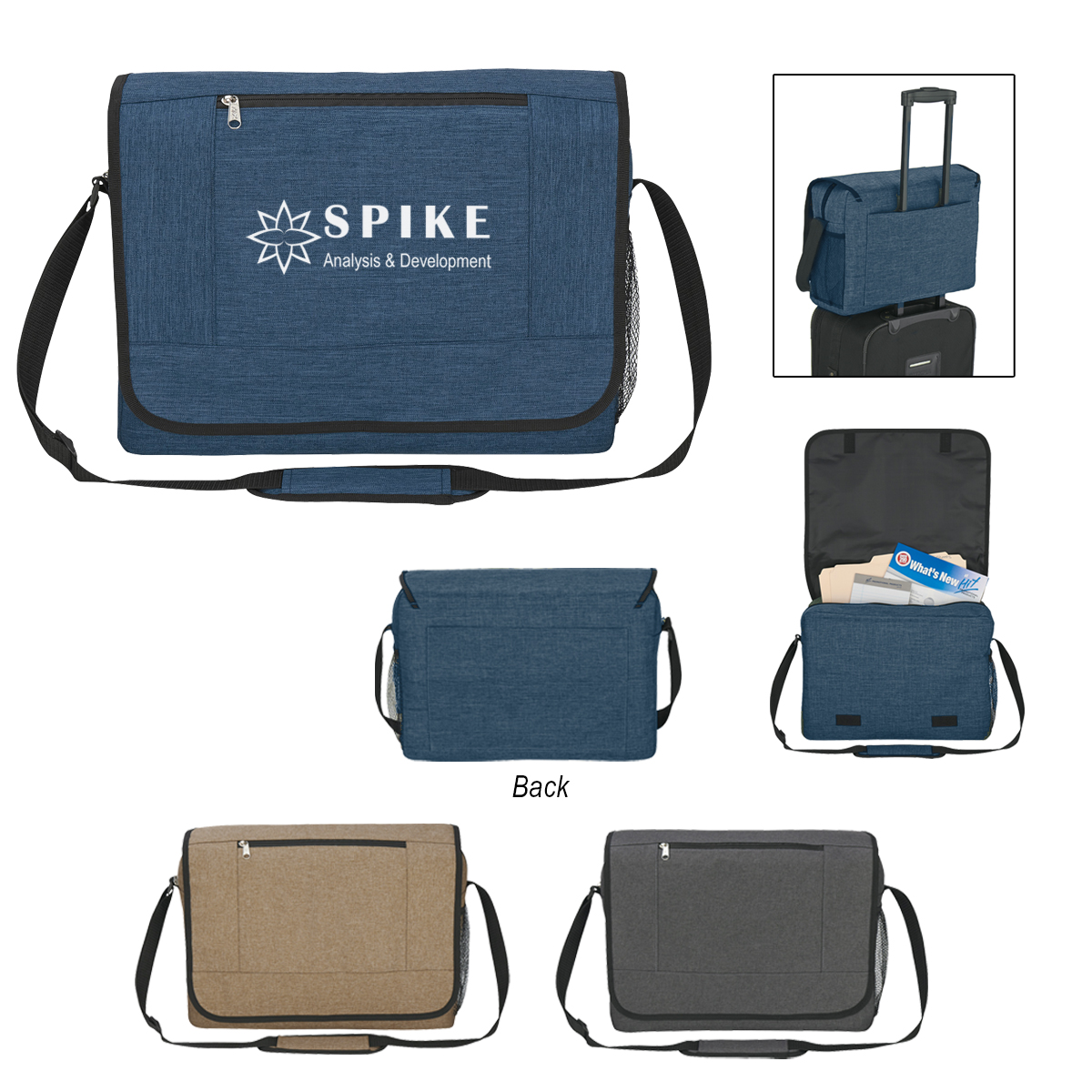 High Line Messenger Bag 600D polycanvas with adjustable padded shoulder strap, hook-and-loop flap, zippered main compartment, front zip pocket, side mesh pocket, and trolley sleeve for everyday commuting and travel.