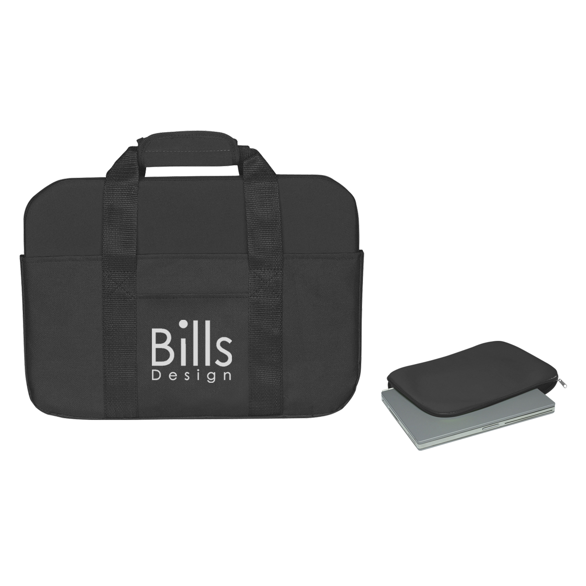 Neoprene Laptop Case with black neoprene and 600D polyester construction, zippered main compartment, front accessory pocket, padded carry handles with Velcro closure, designed to protect and carry laptops up to 15 inches.