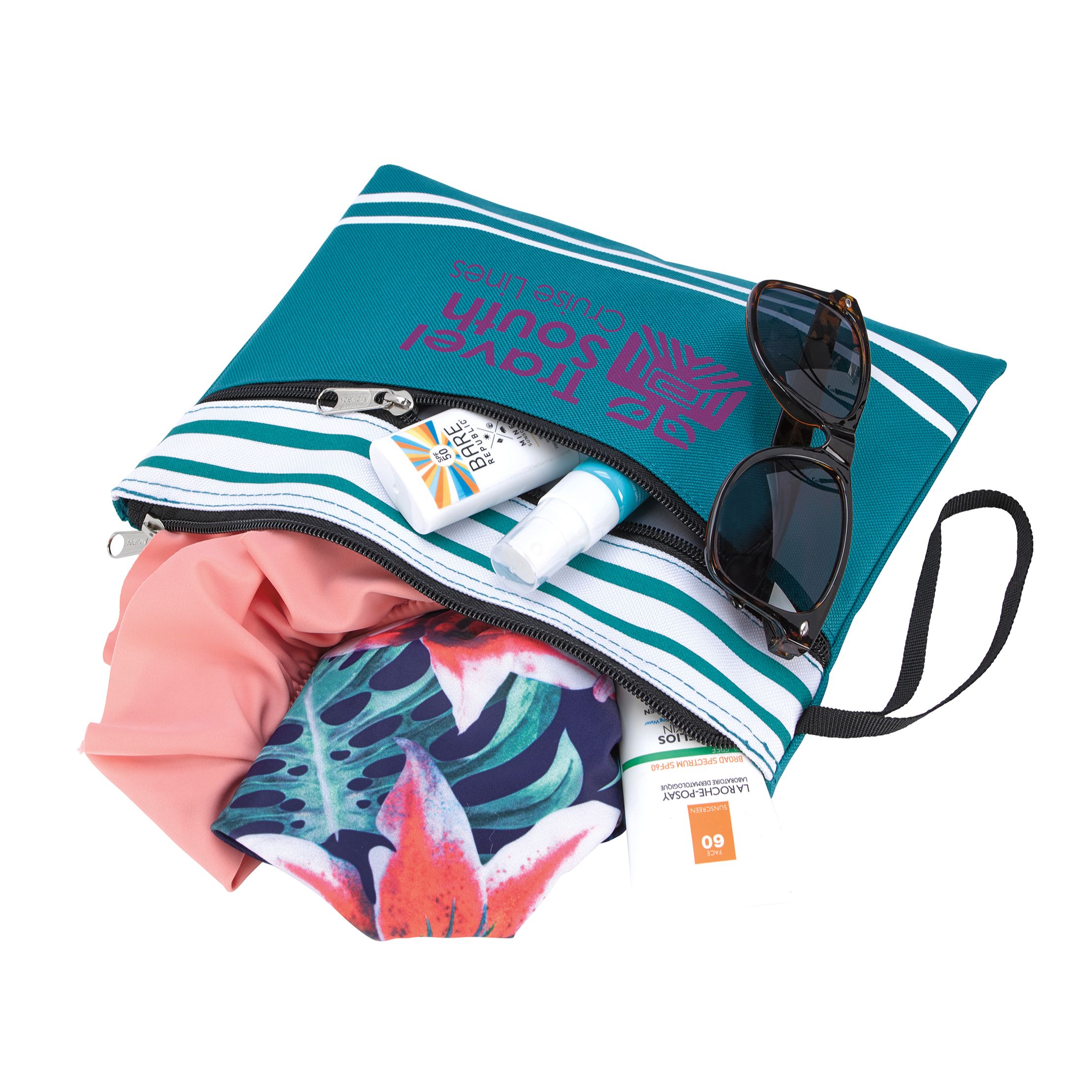 Teal polyester wet swimsuit bag with a top zippered closure, lined interior, front zippered pocket, and side carry handle.