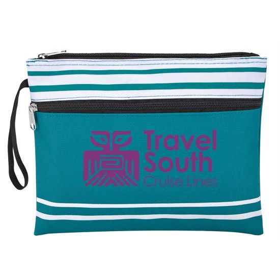 Teal polyester wet swimsuit bag with a top zippered closure, lined interior, front zippered pocket, and side carry handle.