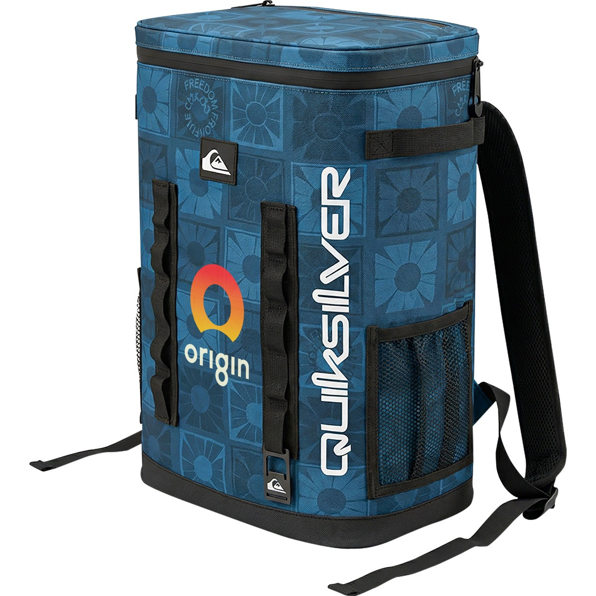 Blue Quiksilver Backpack Cooler with waterproof TPU construction, leak-proof zip closure, front webbing grid, multiple storage pockets, and padded adjustable backpack straps, designed for carrying and keeping food and drinks cold outdoors.