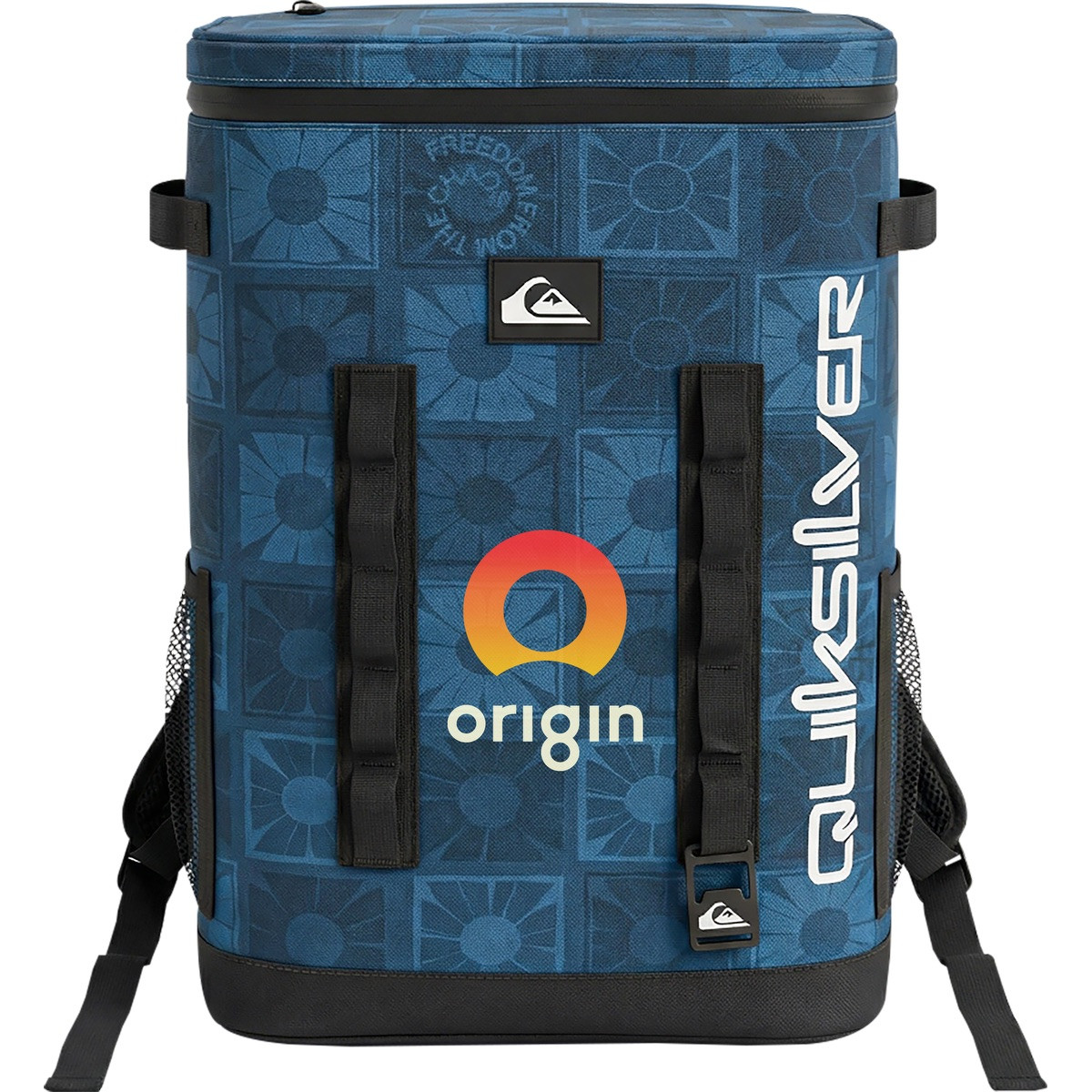 Blue Quiksilver Backpack Cooler with waterproof TPU construction, leak-proof zip closure, front webbing grid, multiple storage pockets, and padded adjustable backpack straps, designed for carrying and keeping food and drinks cold outdoors.