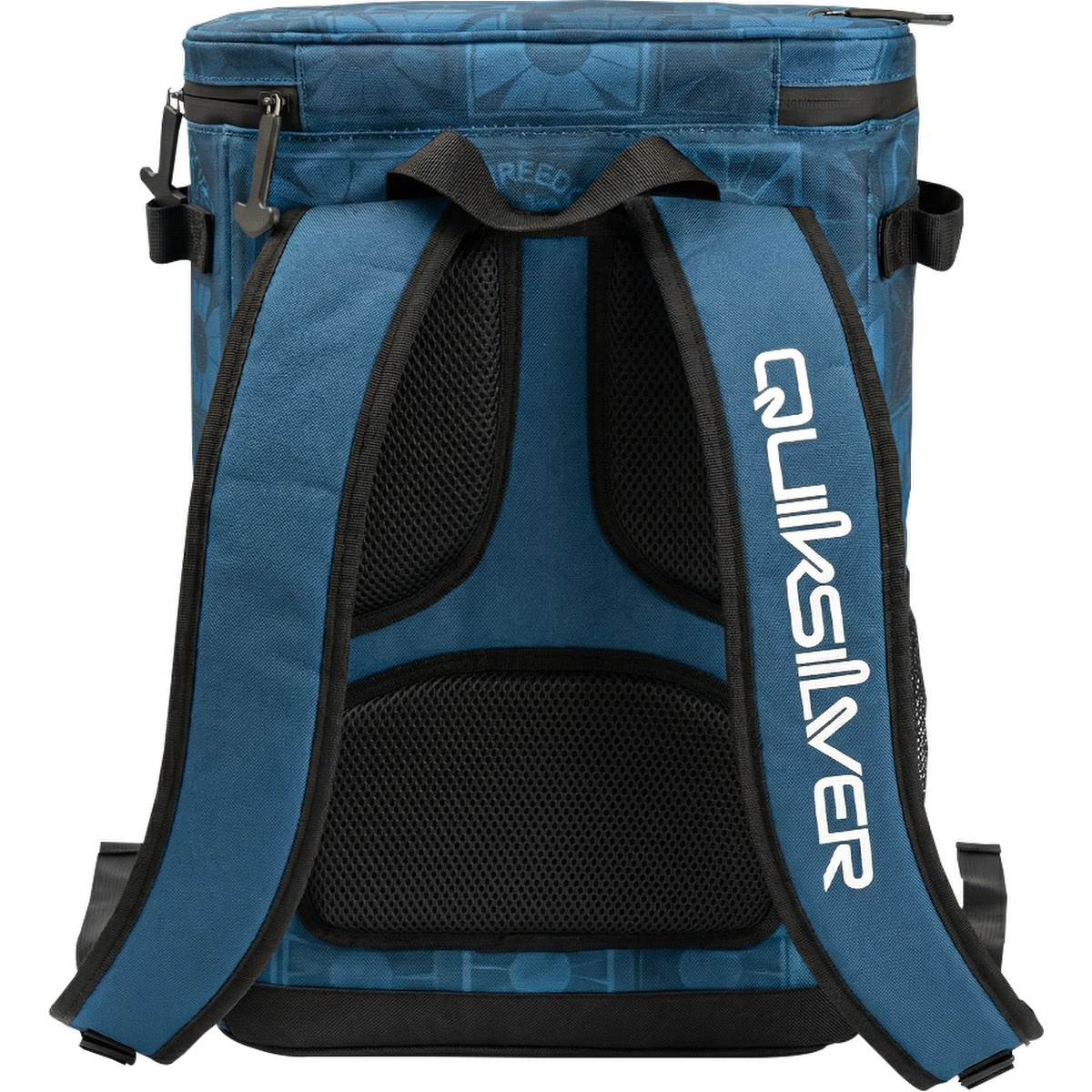 Blue Quiksilver Backpack Cooler with waterproof TPU construction, leak-proof zip closure, front webbing grid, multiple storage pockets, and padded adjustable backpack straps, designed for carrying and keeping food and drinks cold outdoors.