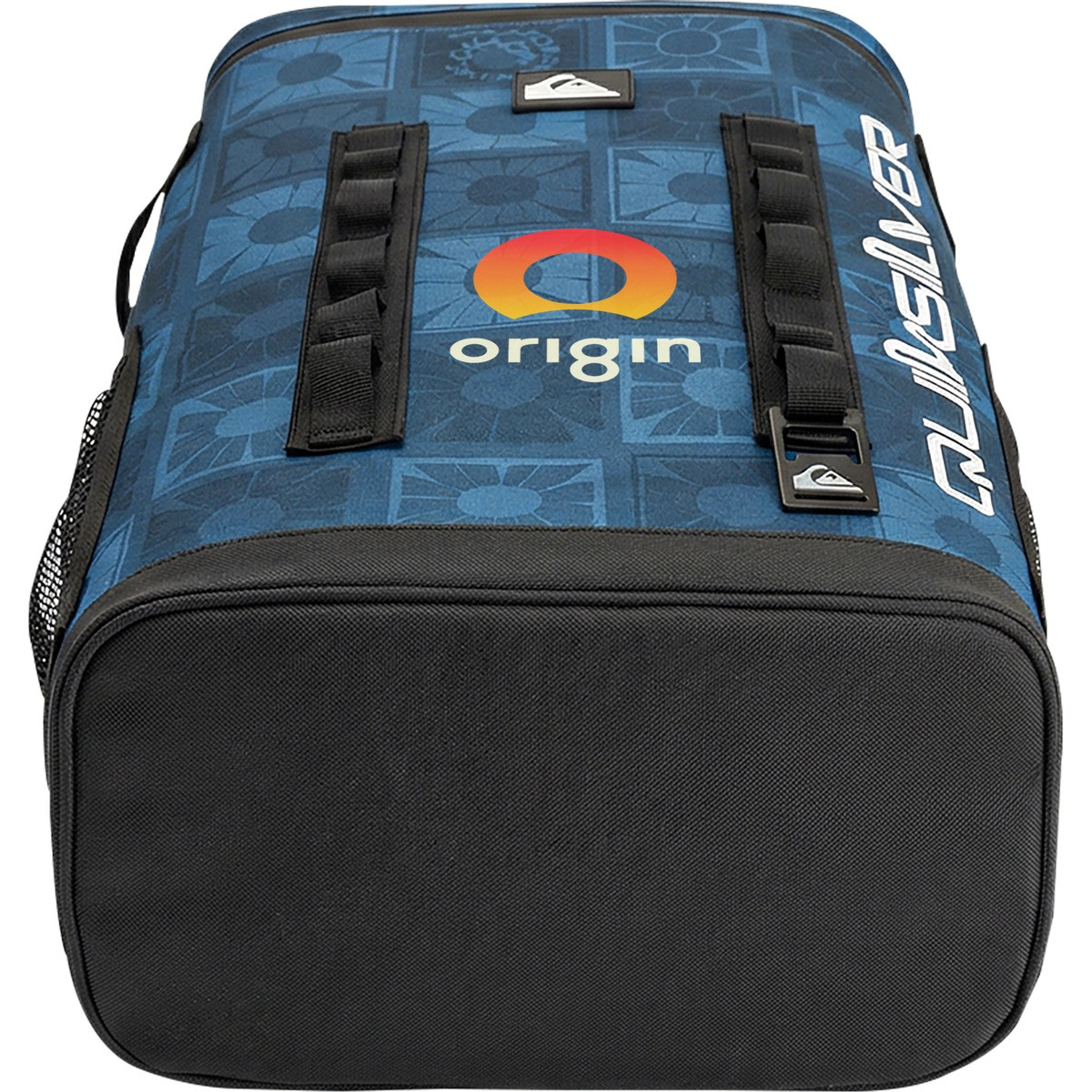 Blue Quiksilver Backpack Cooler with waterproof TPU construction, leak-proof zip closure, front webbing grid, multiple storage pockets, and padded adjustable backpack straps, designed for carrying and keeping food and drinks cold outdoors.