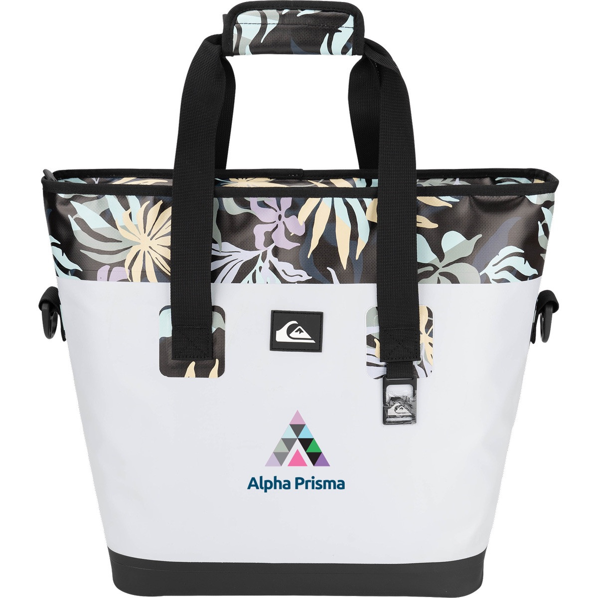White Quiksilver Pro Series Tote Cooler Bag with waterproof TPU construction, leak-proof zippered closure, dual carry handles, front webbing grid, and spacious insulated interior for keeping food and beverages cold on the go.