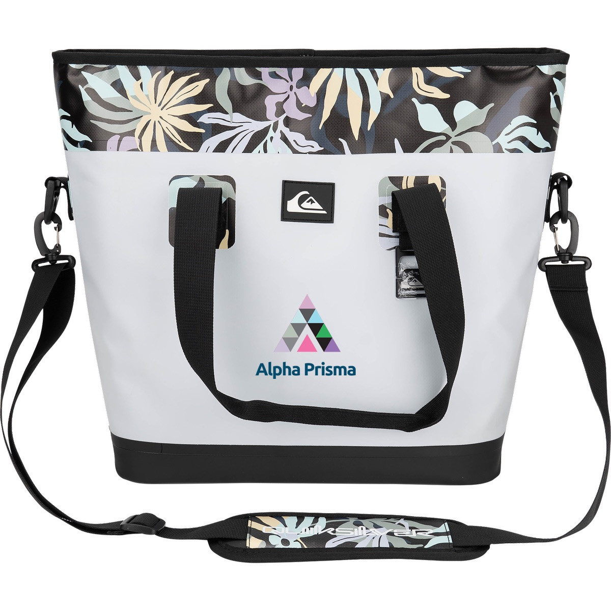 White Quiksilver Pro Series Tote Cooler Bag with waterproof TPU construction, leak-proof zippered closure, dual carry handles, front webbing grid, and spacious insulated interior for keeping food and beverages cold on the go.