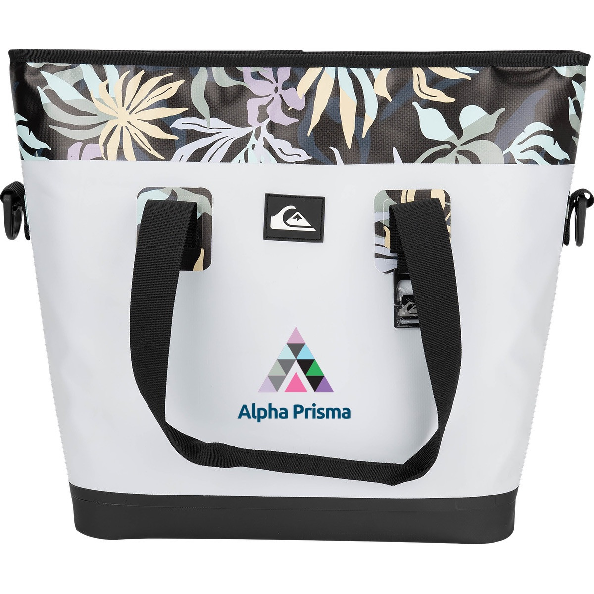 White Quiksilver Pro Series Tote Cooler Bag with waterproof TPU construction, leak-proof zippered closure, dual carry handles, front webbing grid, and spacious insulated interior for keeping food and beverages cold on the go.