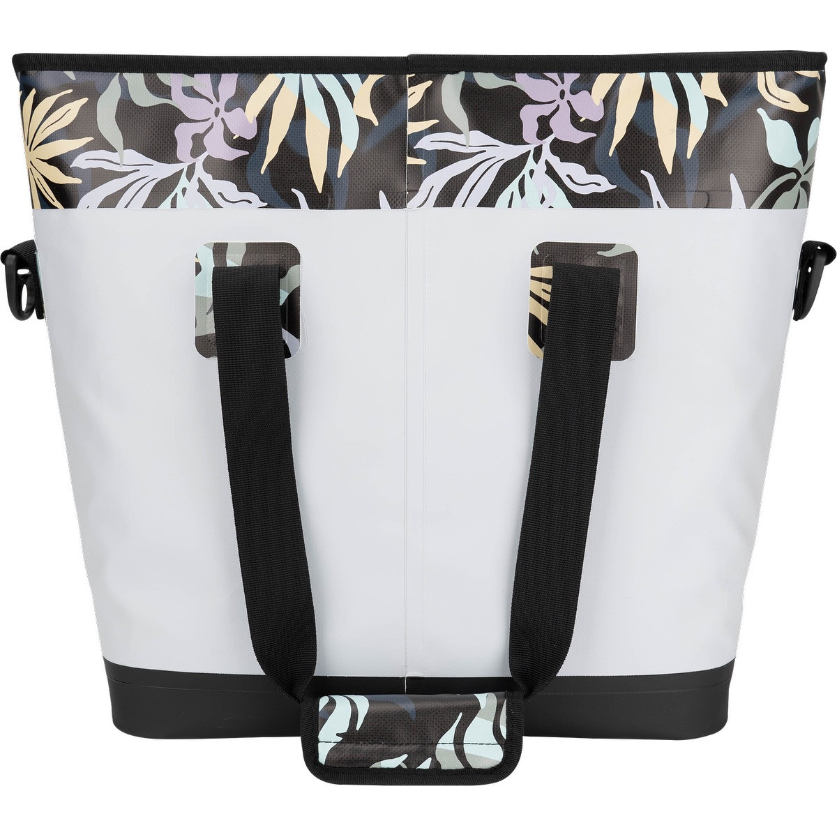 White Quiksilver Pro Series Tote Cooler Bag with waterproof TPU construction, leak-proof zippered closure, dual carry handles, front webbing grid, and spacious insulated interior for keeping food and beverages cold on the go.