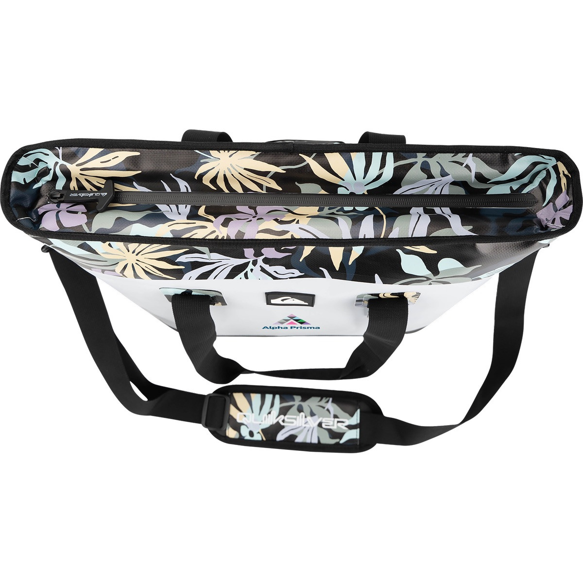 White Quiksilver Pro Series Tote Cooler Bag with waterproof TPU construction, leak-proof zippered closure, dual carry handles, front webbing grid, and spacious insulated interior for keeping food and beverages cold on the go.