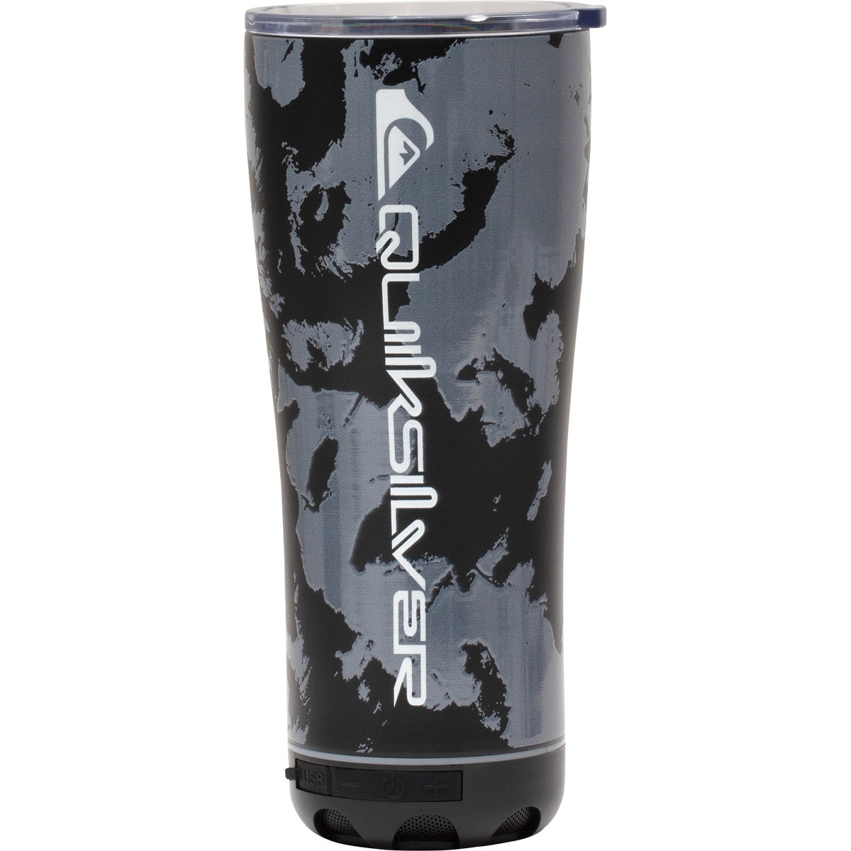 Black Tie Dye insulated stainless steel tumbler with detachable Bluetooth speaker, spill-resistant thumb slide lid, and LED speaker base.