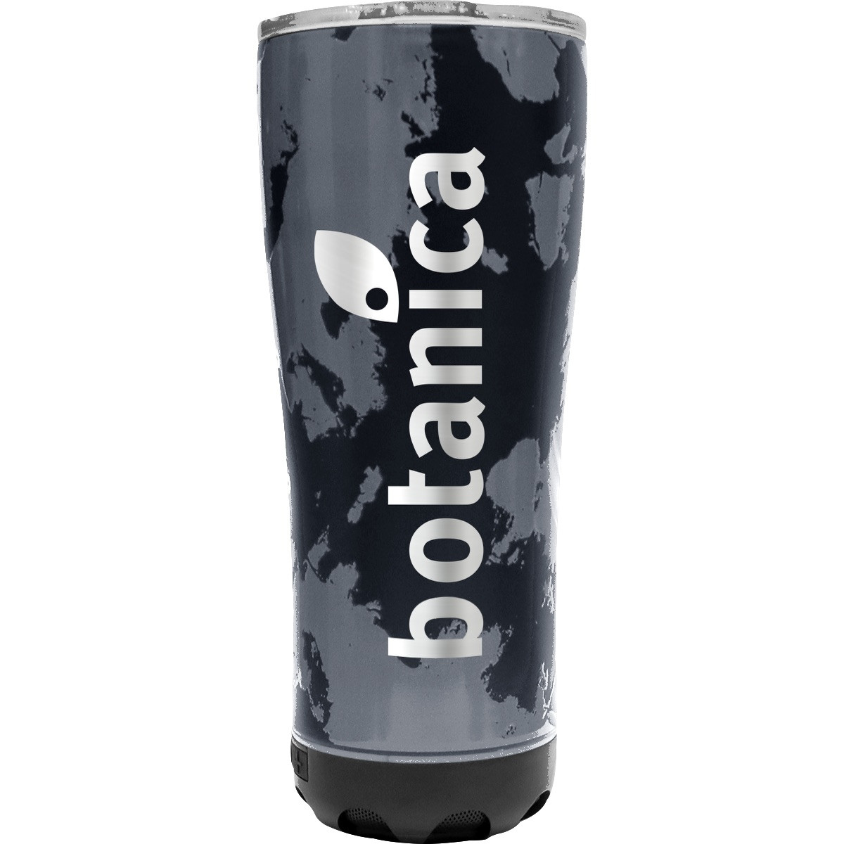 Black Tie Dye insulated stainless steel tumbler with detachable Bluetooth speaker, spill-resistant thumb slide lid, and LED speaker base.