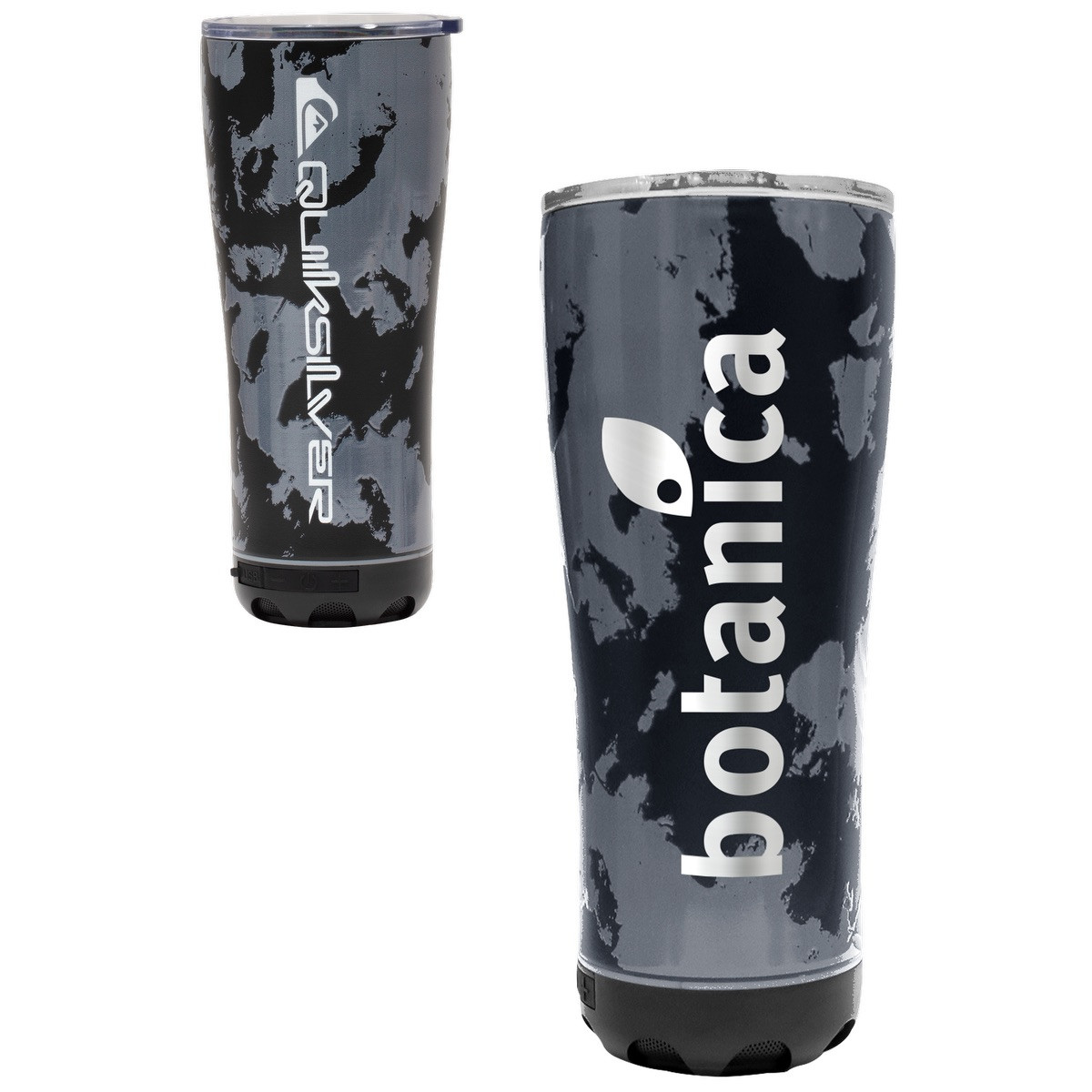 Black Tie Dye insulated stainless steel tumbler with detachable Bluetooth speaker, spill-resistant thumb slide lid, and LED speaker base.