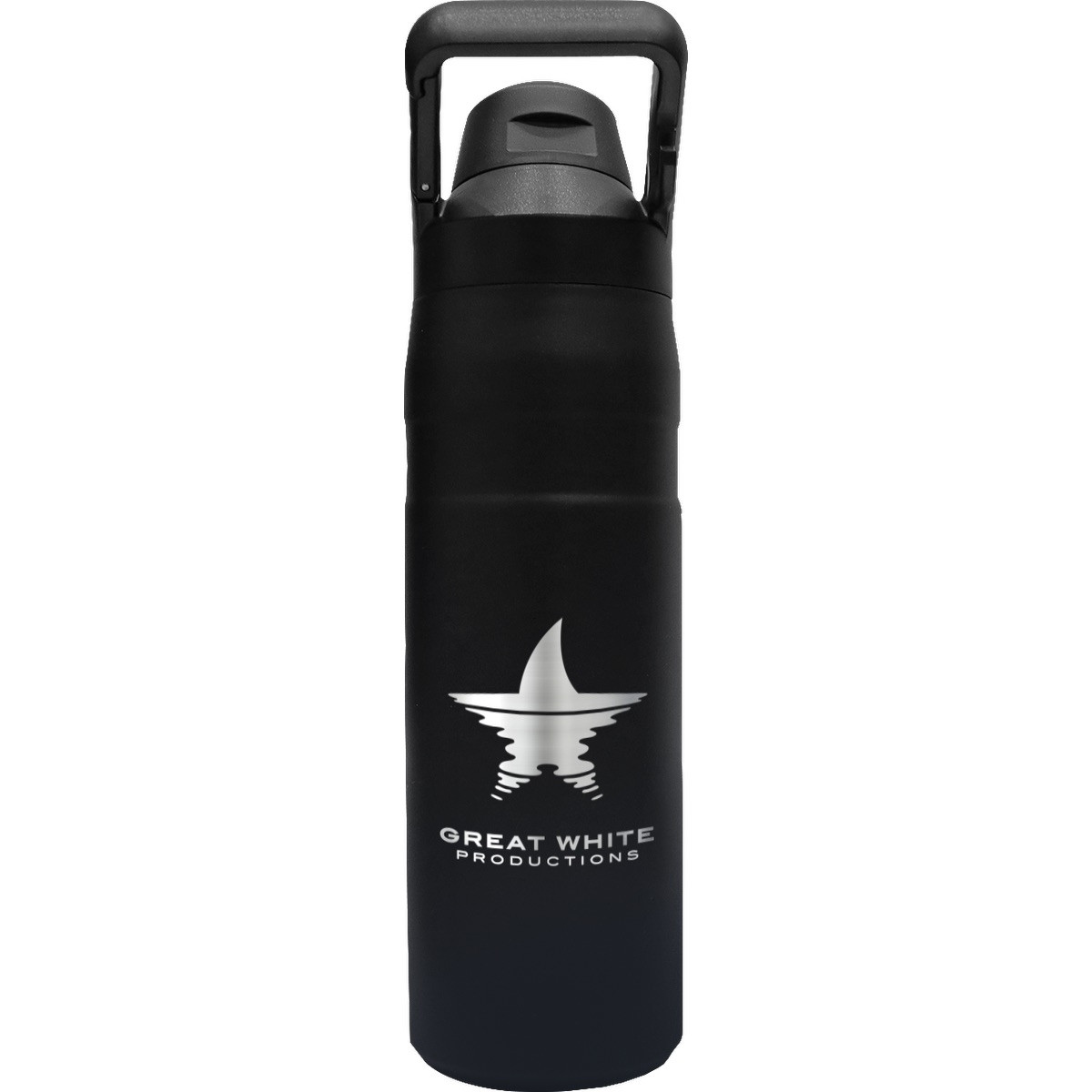 Black insulated stainless steel tumbler with leak-proof wide mouth, one-click locking lid, and integrated carabiner carry handle.