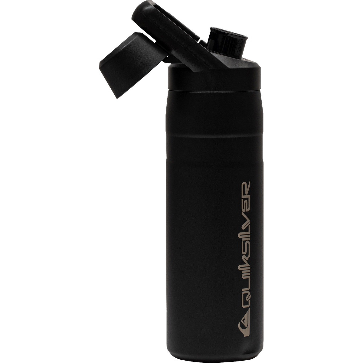 Black insulated stainless steel tumbler with leak-proof wide mouth, one-click locking lid, and integrated carabiner carry handle.