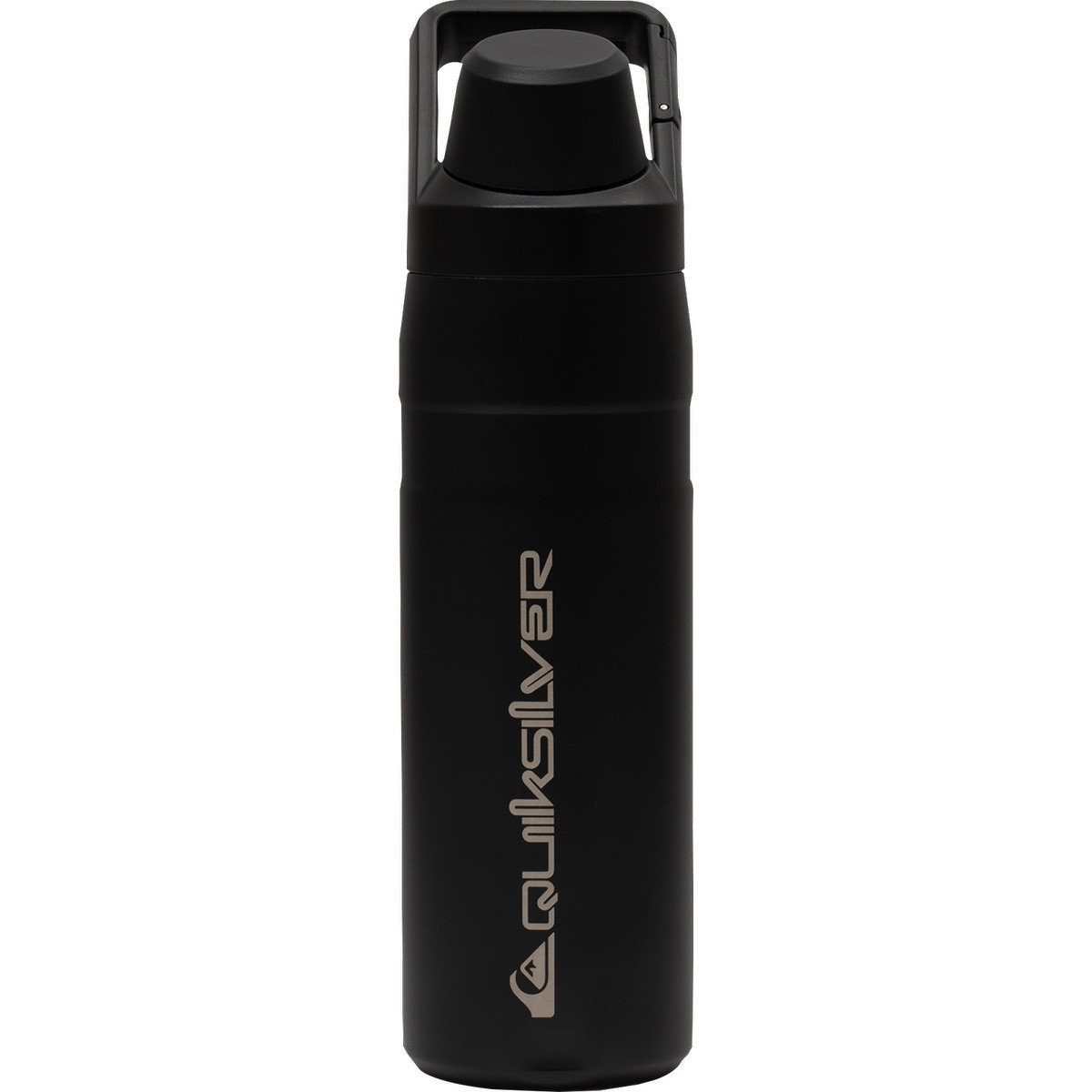 Black insulated stainless steel tumbler with leak-proof wide mouth, one-click locking lid, and integrated carabiner carry handle.