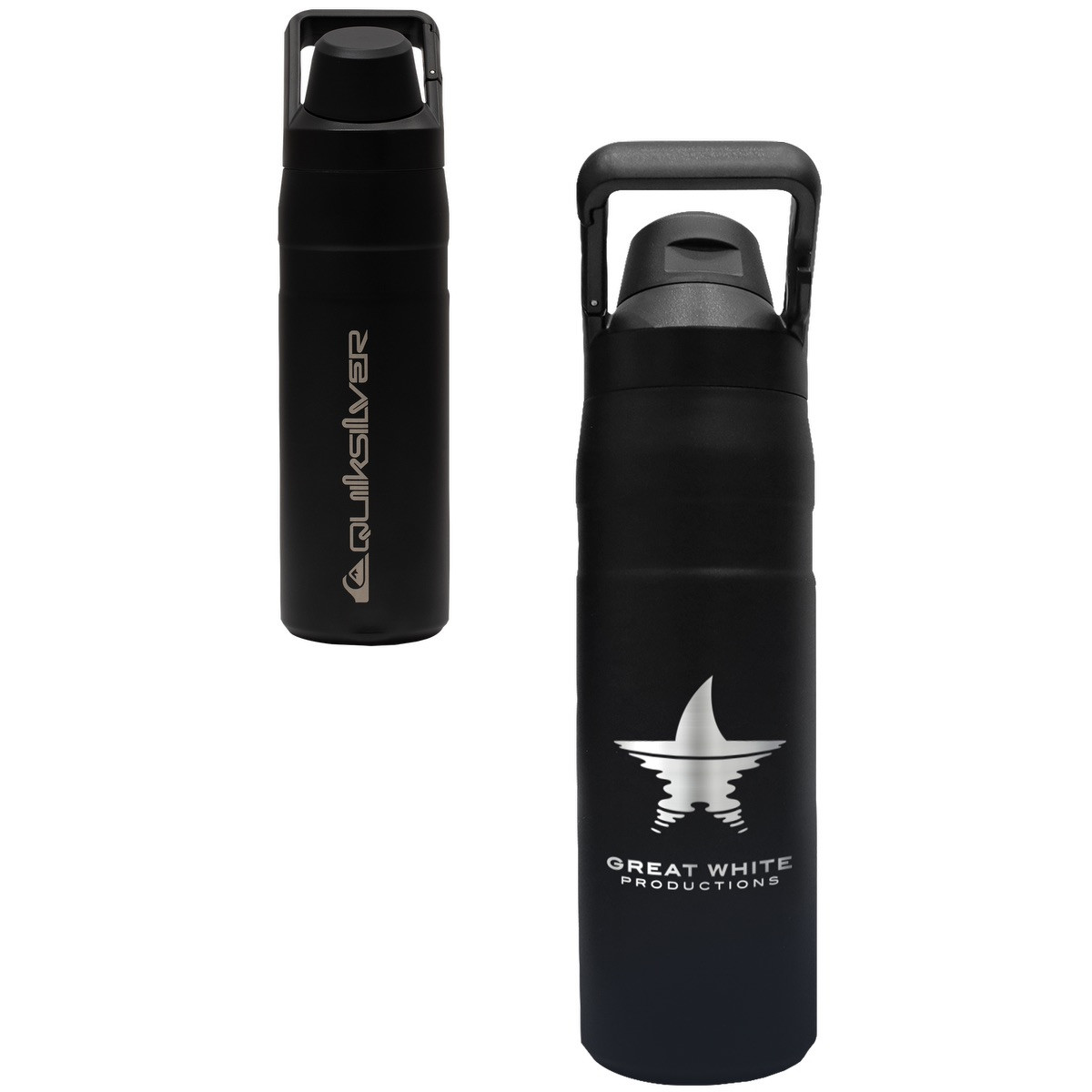 Black insulated stainless steel tumbler with leak-proof wide mouth, one-click locking lid, and integrated carabiner carry handle.