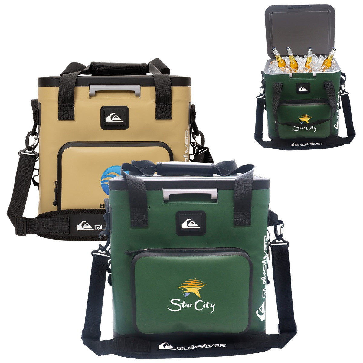 Quiksilver Coastal Zipperless 55L Box Cooler with a durable soft-sided exterior, zipperless flip-top lid, dual carry handles, adjustable shoulder strap, and insulated interior for keeping food and beverages cold during camping, beach trips, picnics, and outdoor events.