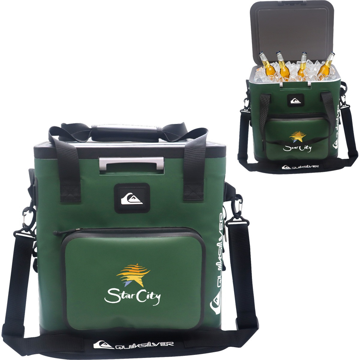 Green Quiksilver Coastal Zipperless 55L Box Cooler with a durable soft-sided exterior, zipperless flip-top lid, dual carry handles, adjustable shoulder strap, and insulated interior for keeping food and beverages cold during camping, beach trips, picnics, and outdoor events.