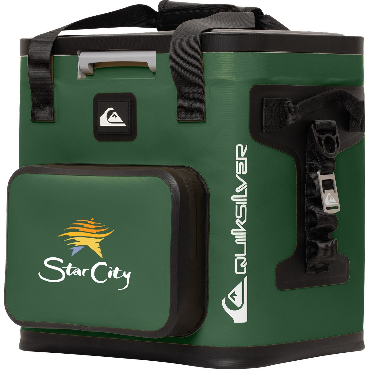 Green Quiksilver Coastal Zipperless 55L Box Cooler with a durable soft-sided exterior, zipperless flip-top lid, dual carry handles, adjustable shoulder strap, and insulated interior for keeping food and beverages cold during camping, beach trips, picnics, and outdoor events.