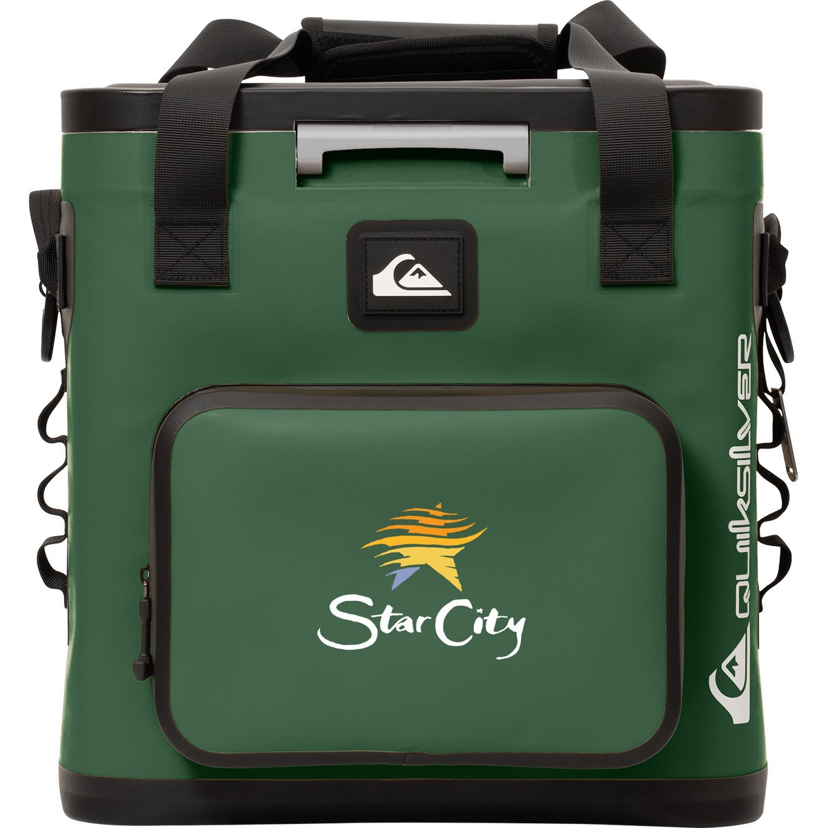 Green Quiksilver Coastal Zipperless 55L Box Cooler with a durable soft-sided exterior, zipperless flip-top lid, dual carry handles, adjustable shoulder strap, and insulated interior for keeping food and beverages cold during camping, beach trips, picnics, and outdoor events.