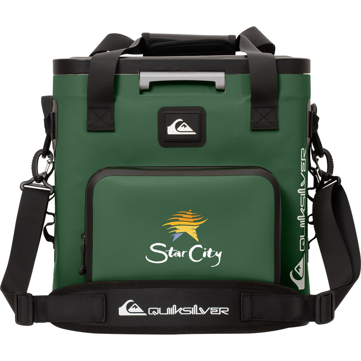 Green Quiksilver Coastal Zipperless 55L Box Cooler with a durable soft-sided exterior, zipperless flip-top lid, dual carry handles, adjustable shoulder strap, and insulated interior for keeping food and beverages cold during camping, beach trips, picnics, and outdoor events.